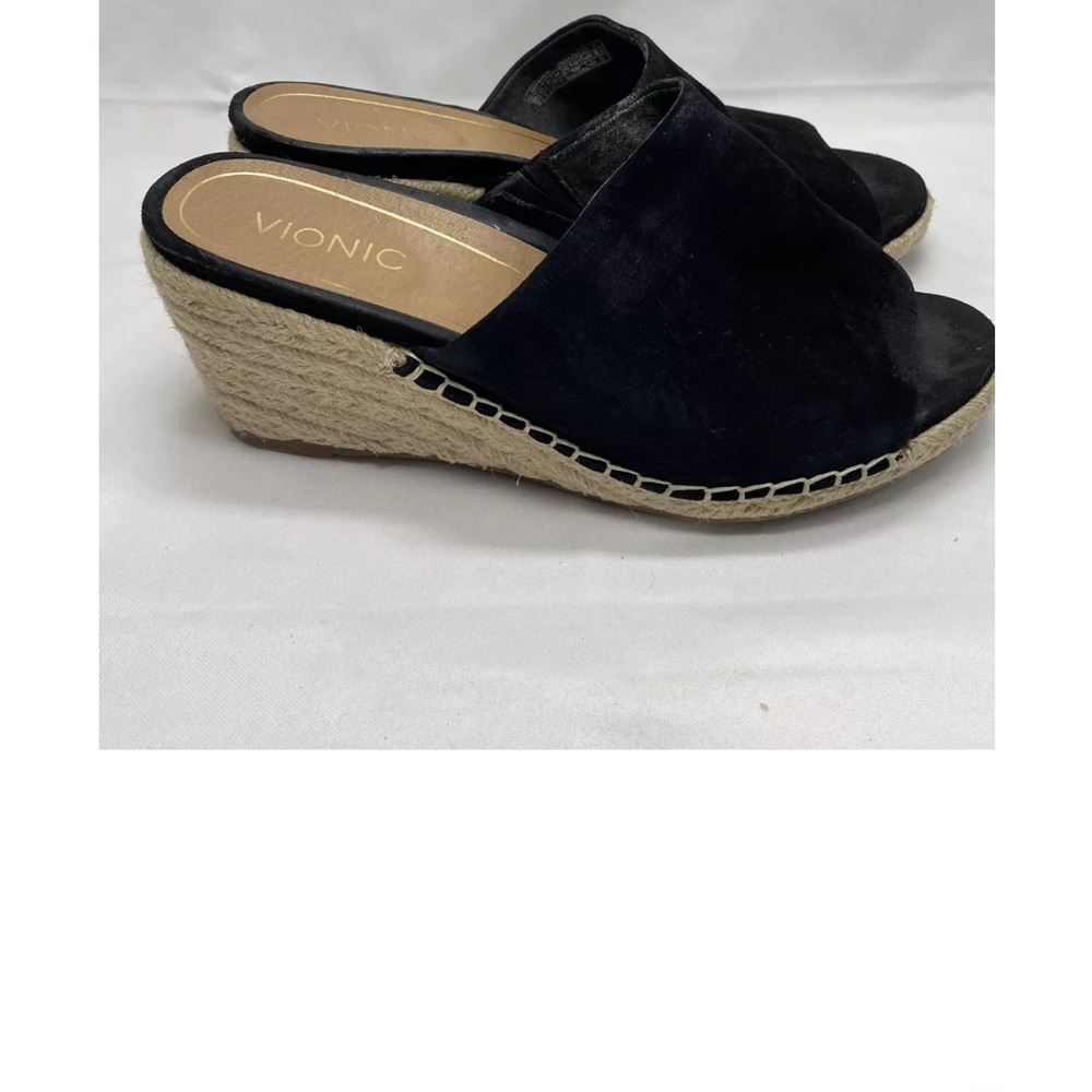 Vionic Kadyn Black Suede Women's Size 6.5 Jute Espadrille Wedge Sandals.